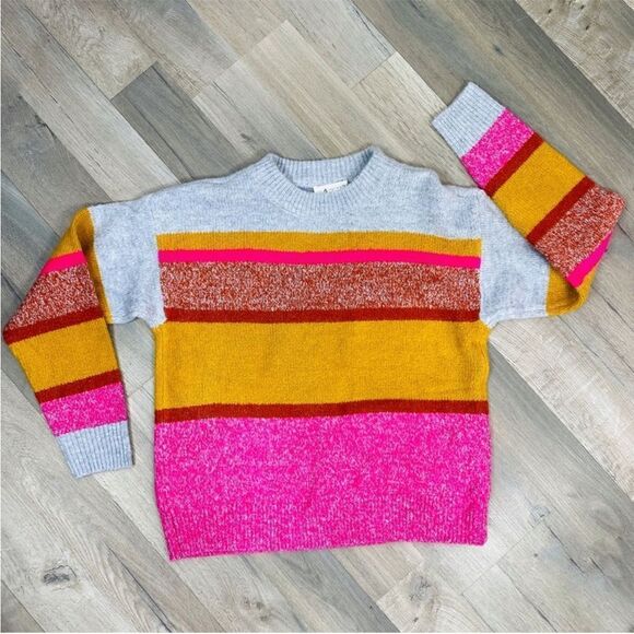 Lou & Grey for Loft Multi Stripe Chunky Knit Sweater Gray Yellow Pink Small - Picture 13 of 13